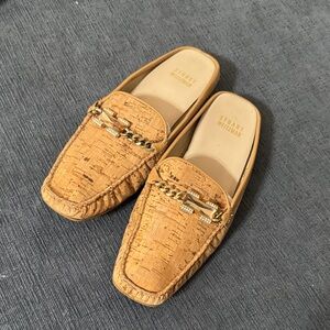 Stuart Weitzman Cork-Texture Slip-On Loafers in Tan with Gold Chain